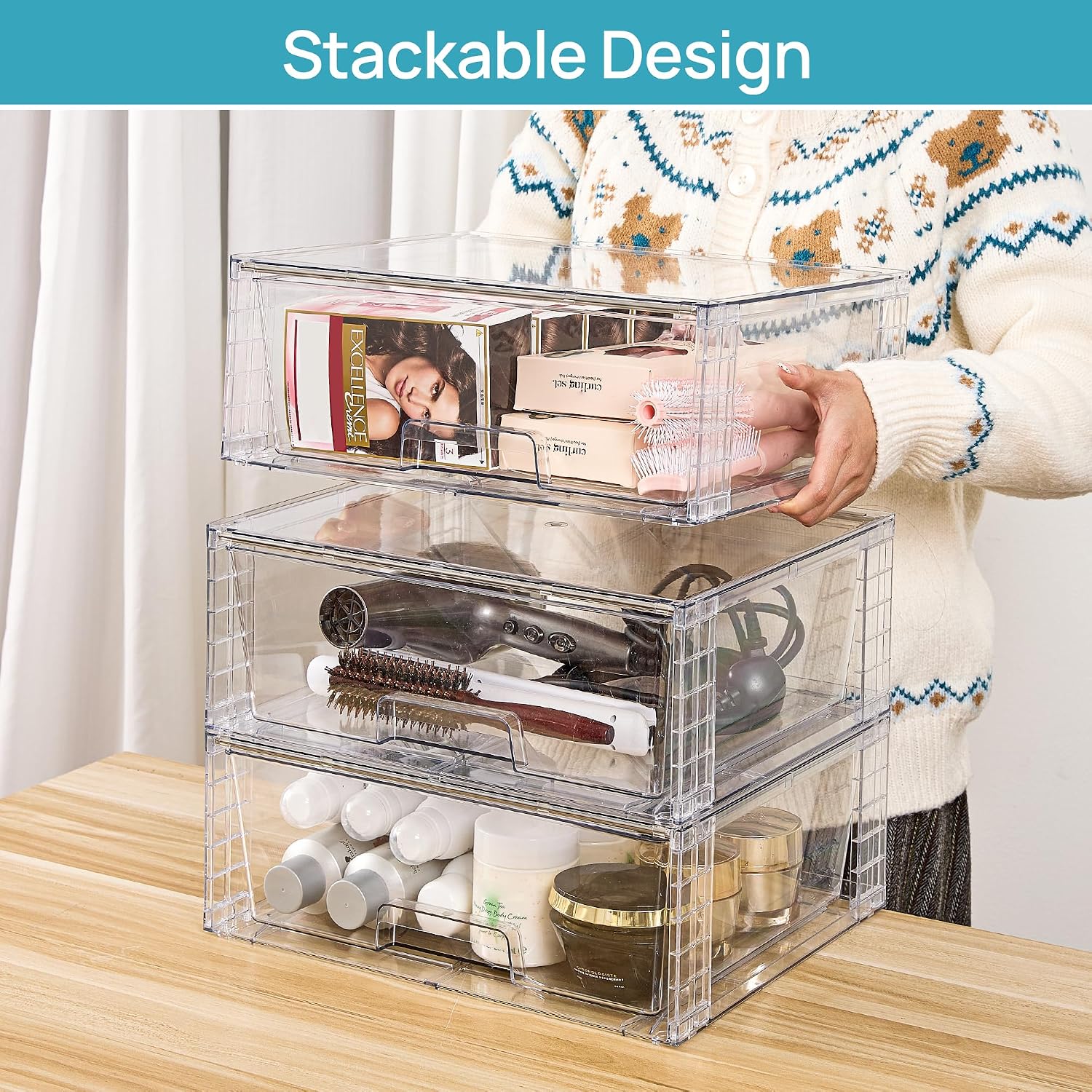 4 عبوات من أدراج التخزين الشفا - مراجعة Stackable Pantry Bin وسعره
